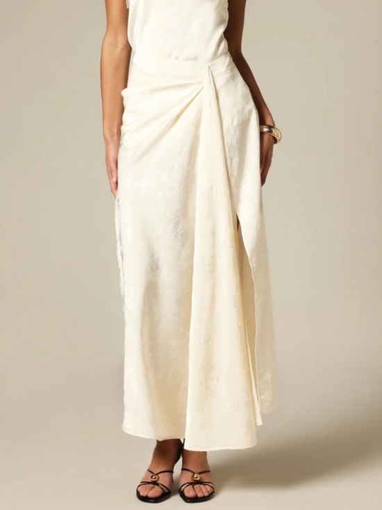 Dresses & Skirts - Ivory off white cream textured side slit front Draped midi Maxi Skirt